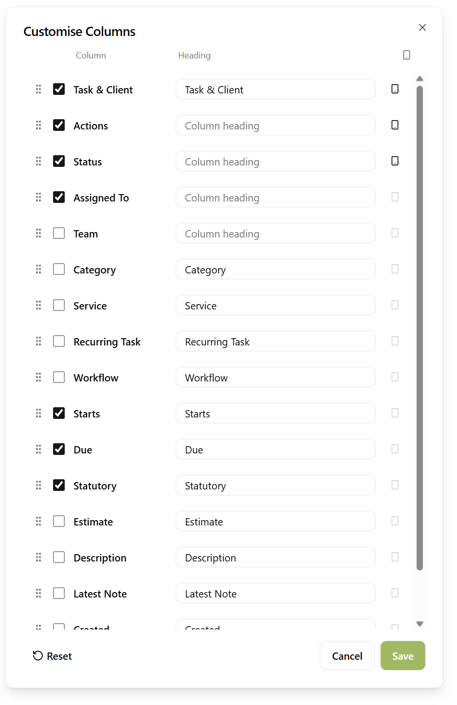 Column chooser for the task list view showing available columns that can be added, hidden, and reordered