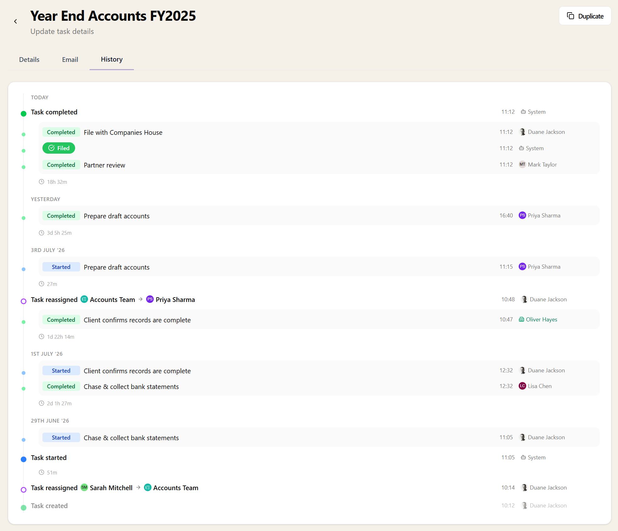 Task history timeline showing a year end accounts task progressing over six days - team reassignments, workflow steps completed by different staff, a client confirming records, and the service stage set to Filed