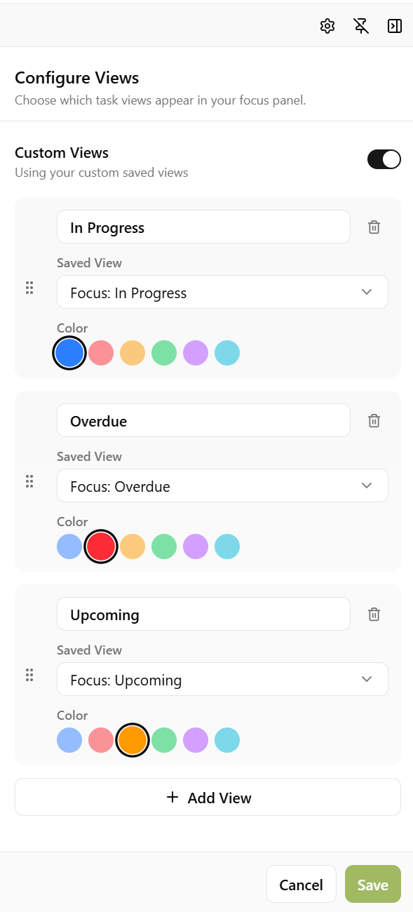 Focus Panel configuration screen showing custom views for In Progress, Overdue, and Upcoming with colour and saved view options