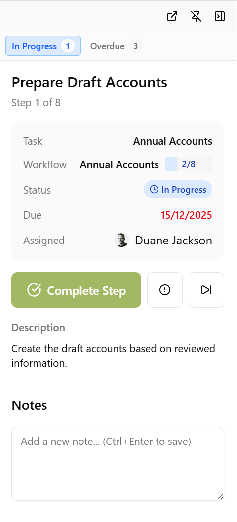 Focus Panel showing an in-progress workflow step with task details, a Complete Step button, description, and notes