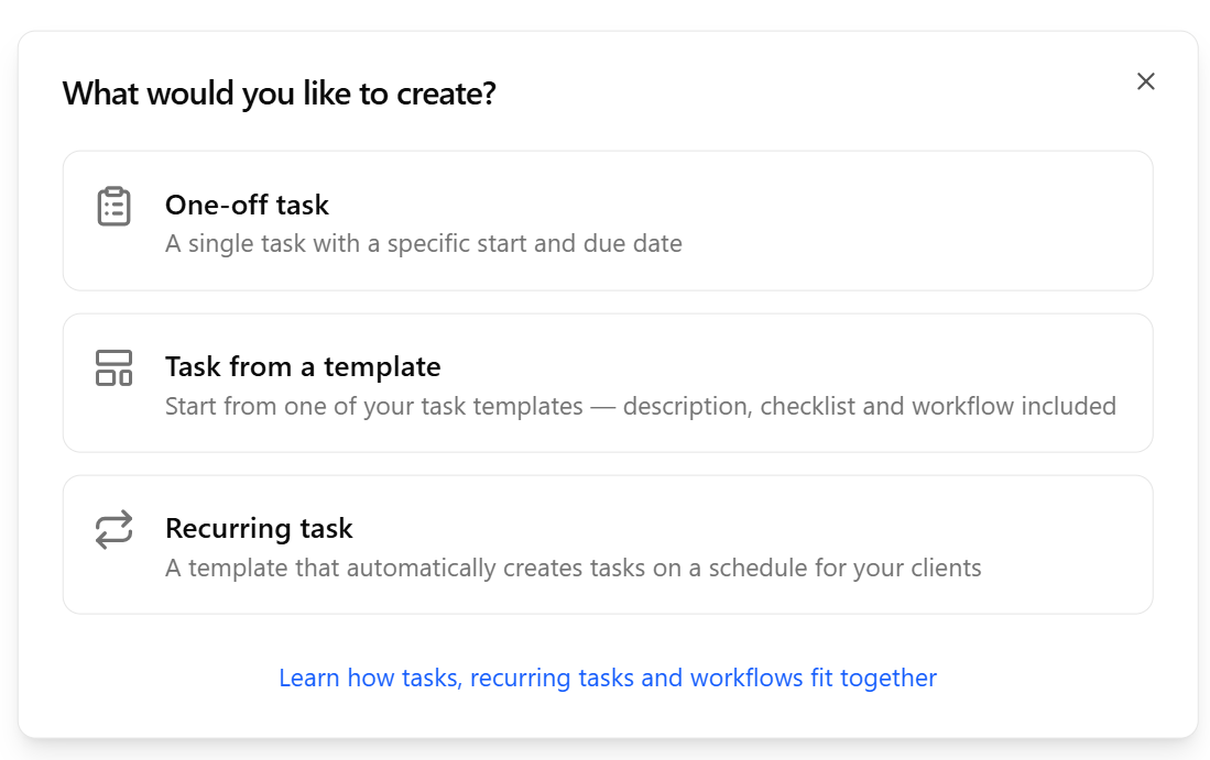 Add Task dialog asking what you would like to create: a one-off task, a task from a template, or a recurring task