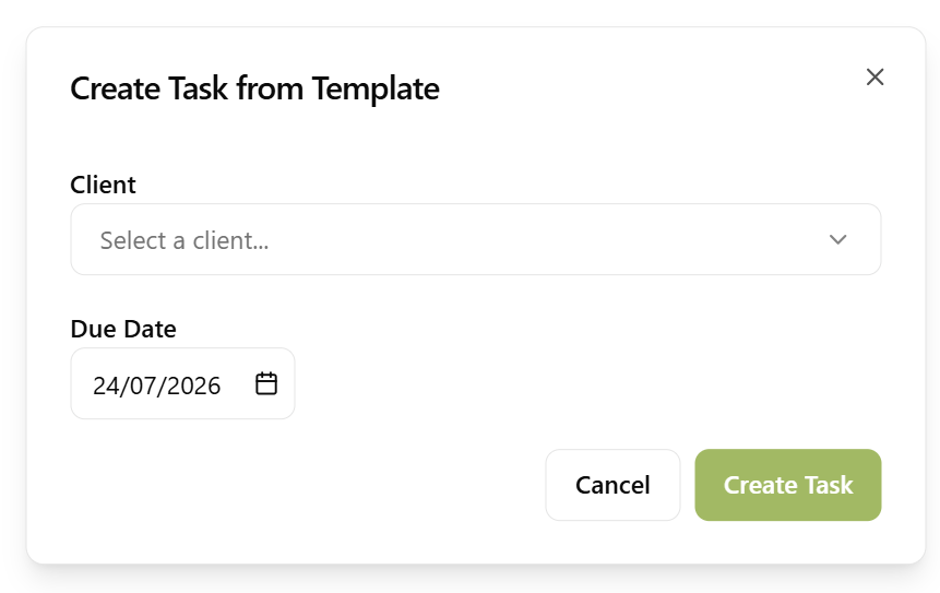 Create Task from Template dialog with the client picker open, choosing which client to run the template for