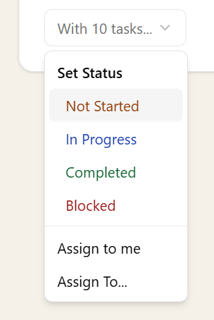Bulk actions dropdown showing options to set status and assign 10 selected tasks