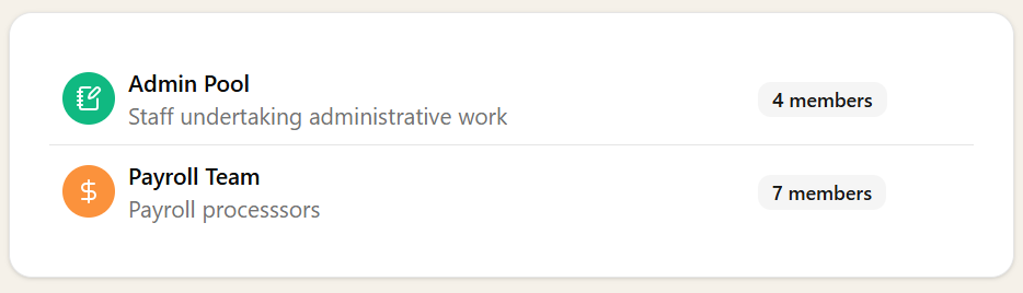 Teams settings showing team list with custom icons and colours for visual identification