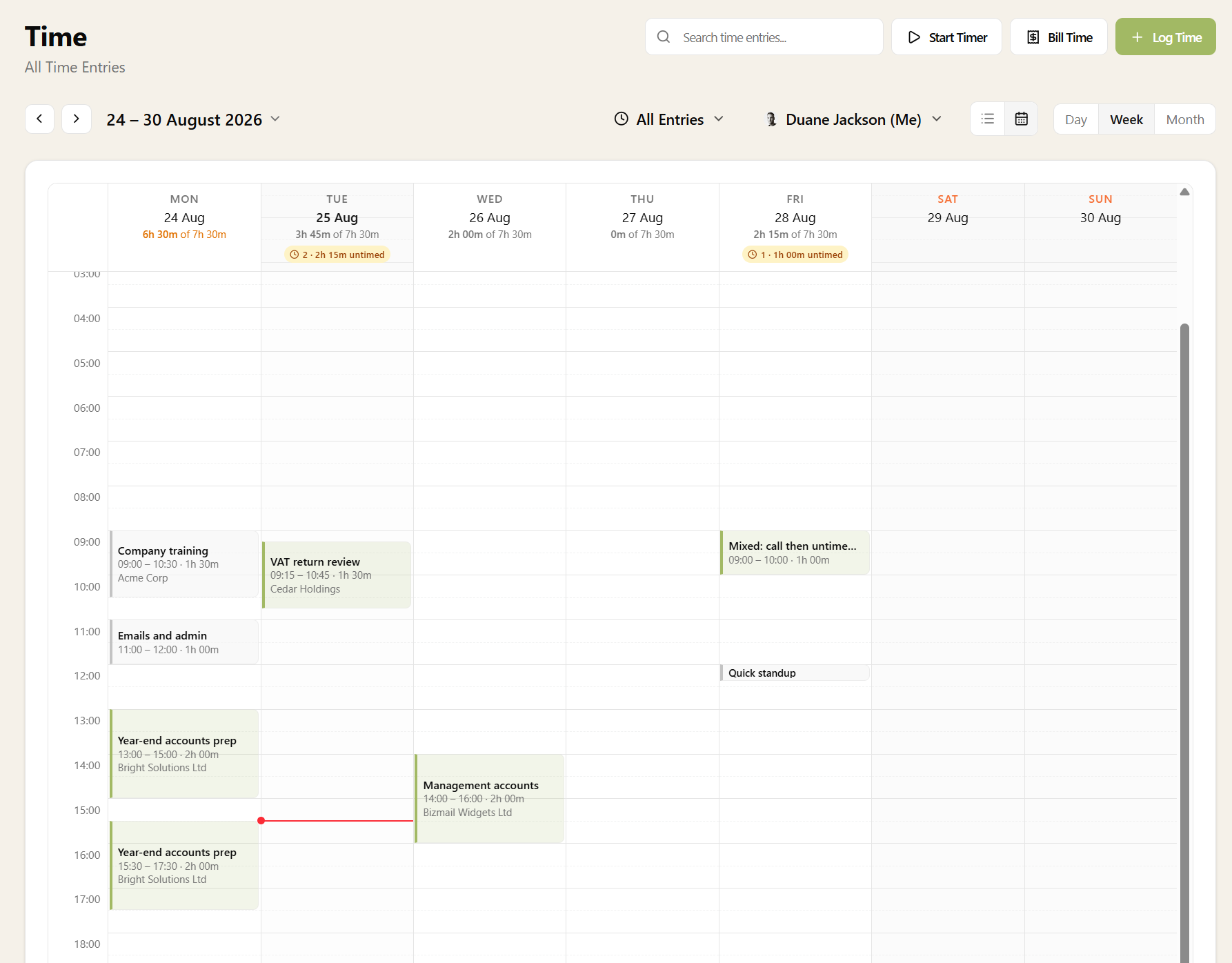 The Time page calendar view: a week of time entries drawn to scale on a time grid, with daily logged-versus-expected totals in the day headers, an amber banner for entries with no start time, and weekend columns shaded out