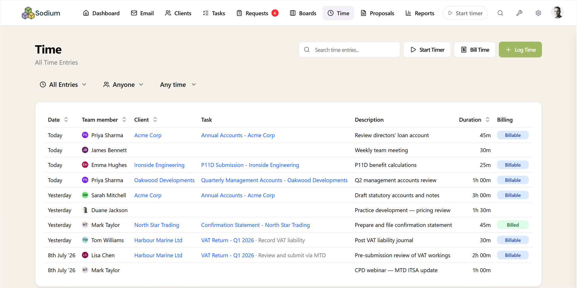 Time page listing time entries with billing state badges and filters