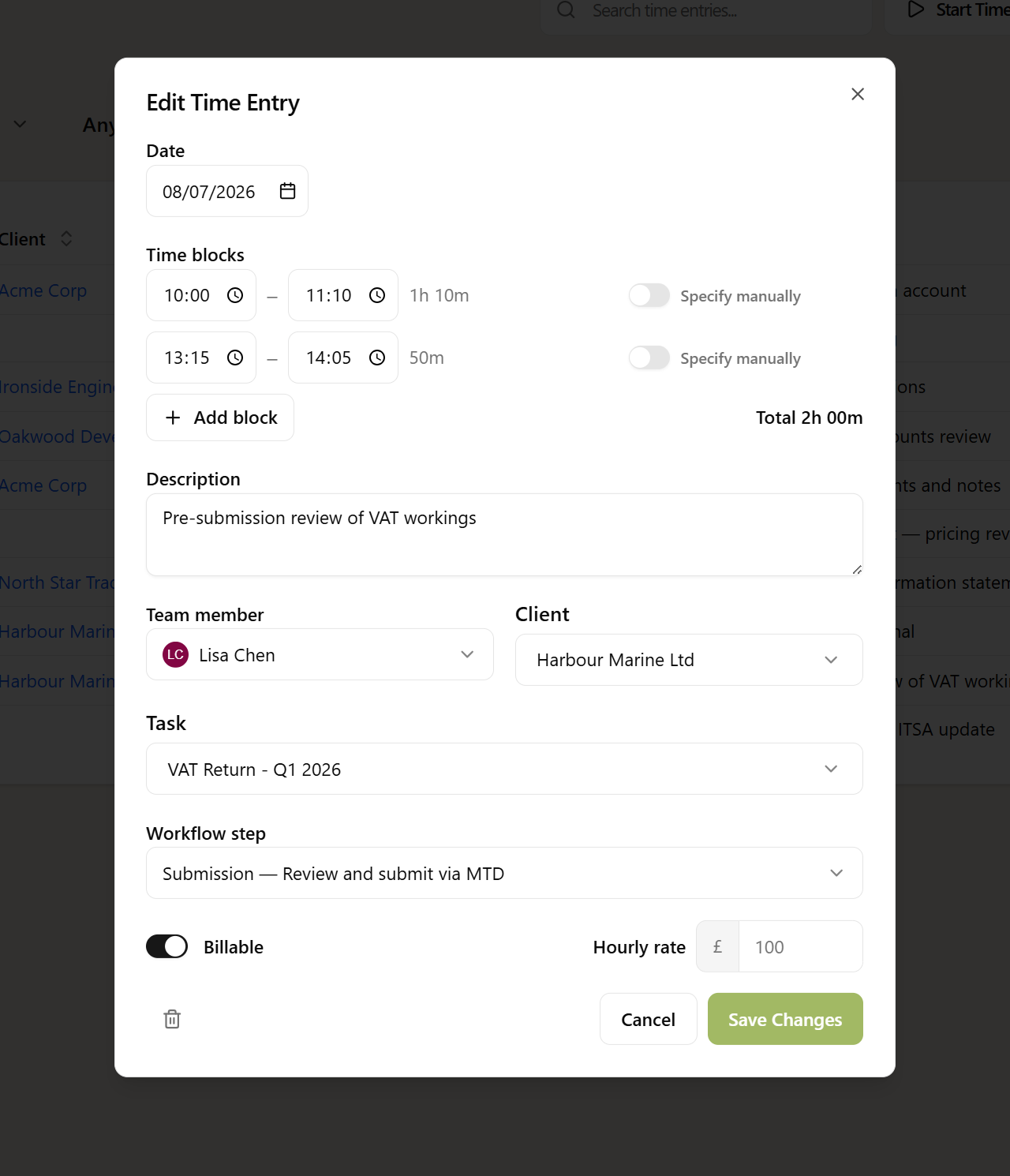 Time entry dialog with work blocks, client, task, and workflow step links