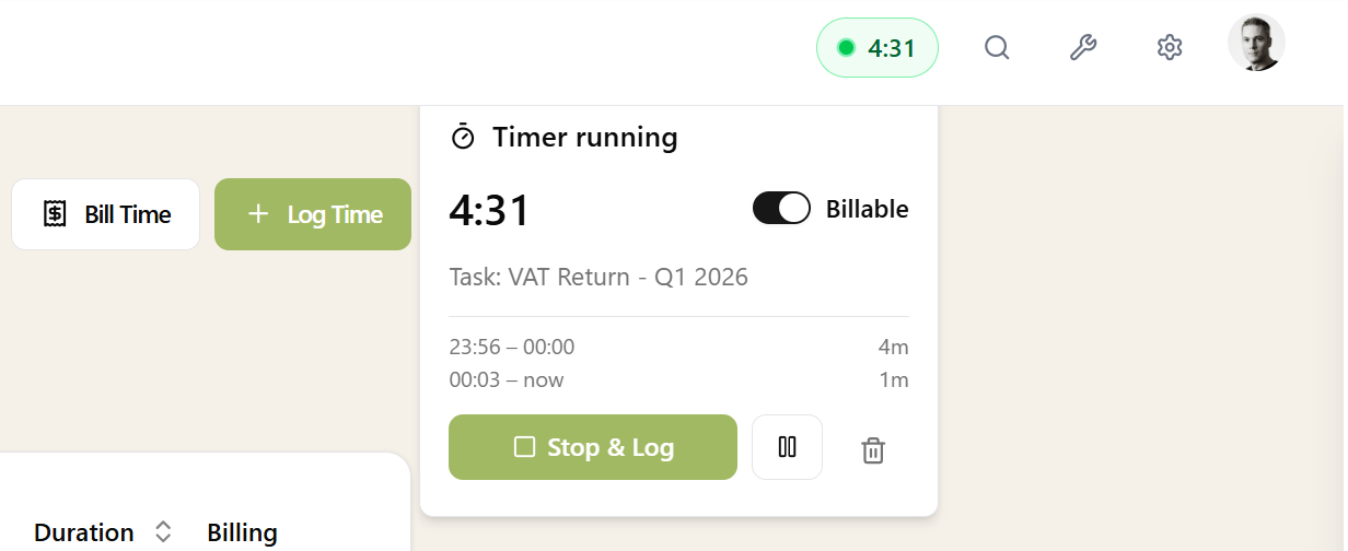 Running timer indicator with pause, resume, and Stop & Log controls