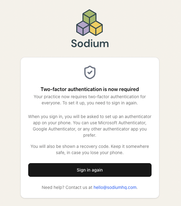 The screen a team member sees once two-factor authentication is required, explaining that they need to sign in again and set up an authenticator app