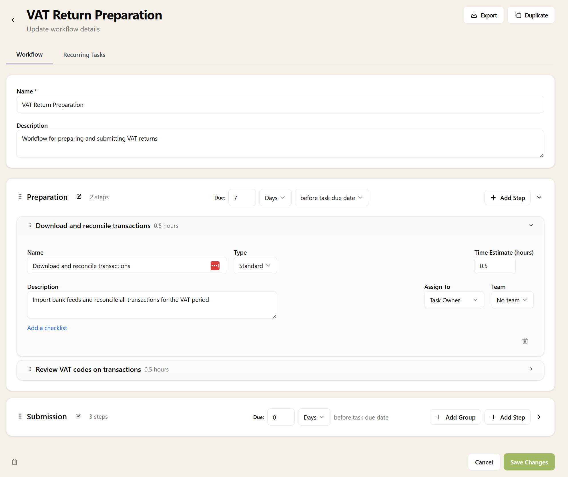 Workflow step groups showing organised steps for VAT return preparation