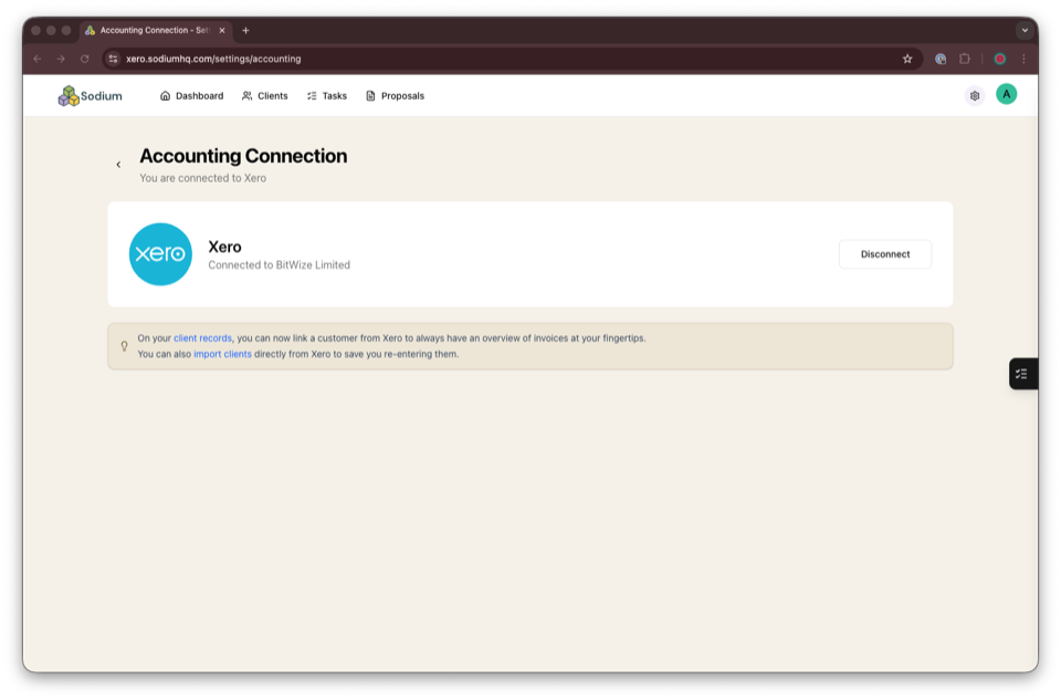 Sodium Settings page showing a connected Xero organisation
