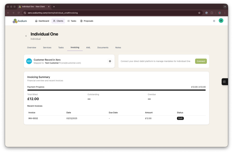 Client Invoicing tab showing payment progress, summary boxes, and invoice table from Xero