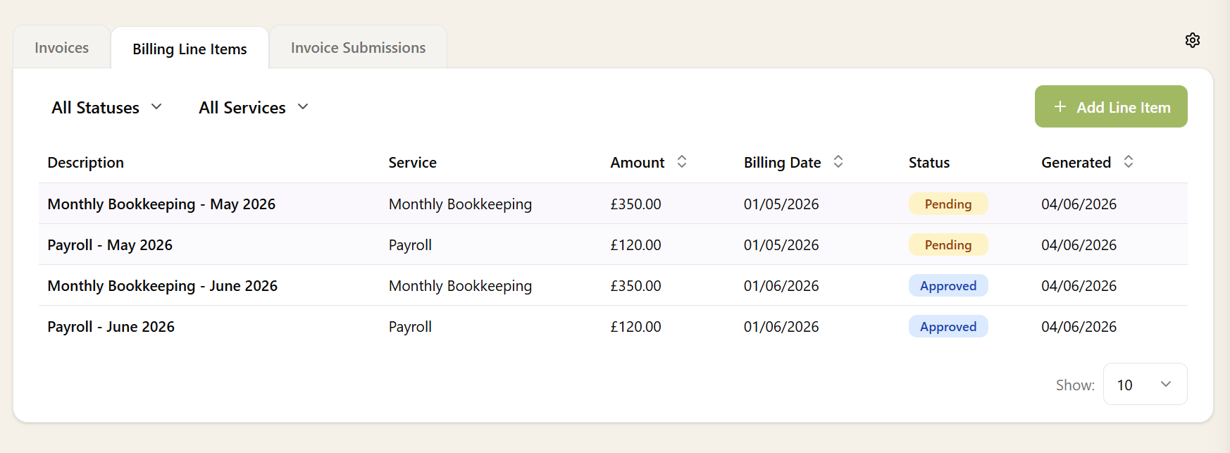 A client's Billing tab showing line items with Pending and Approved statuses