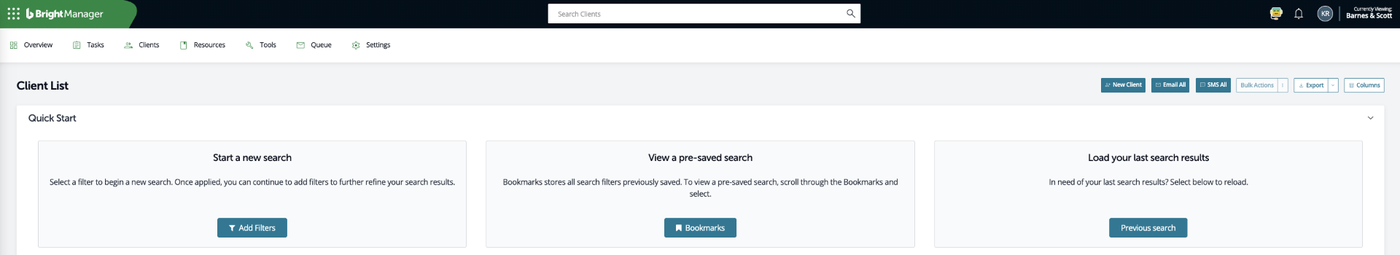 The Bright Manager Client List showing the Export and Columns buttons in the top right