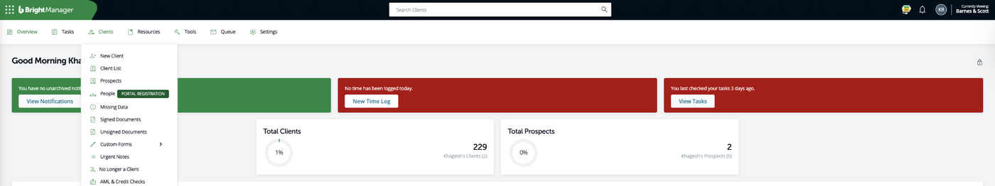 The Clients menu open in Bright Manager with Client List highlighted