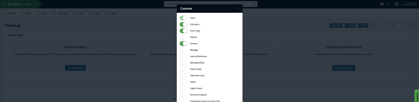 The Bright Manager Columns panel with Client, Full Name, Client Type and Services turned on