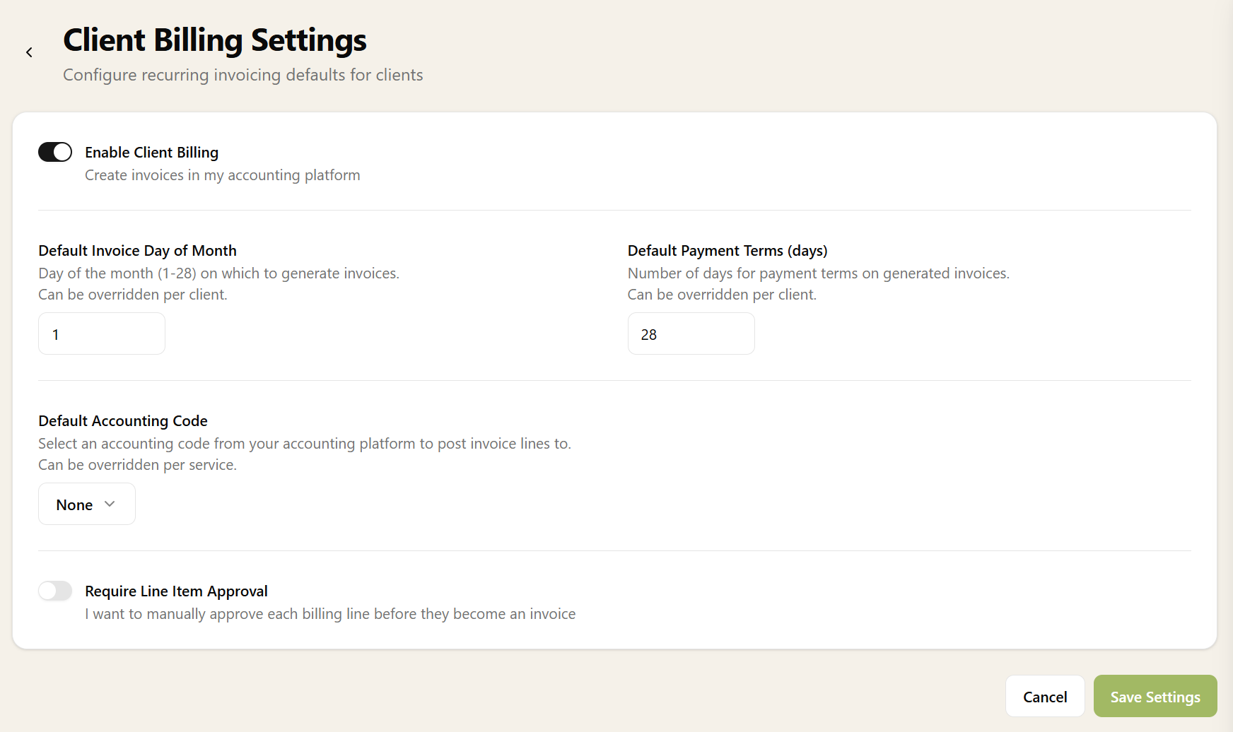 The Client Billing settings page showing the enable toggle, invoice day, payment terms, and approval options