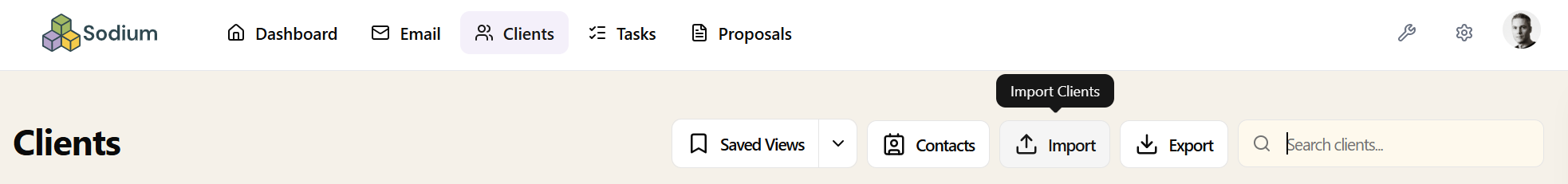 The Import button on the Clients page in Sodium