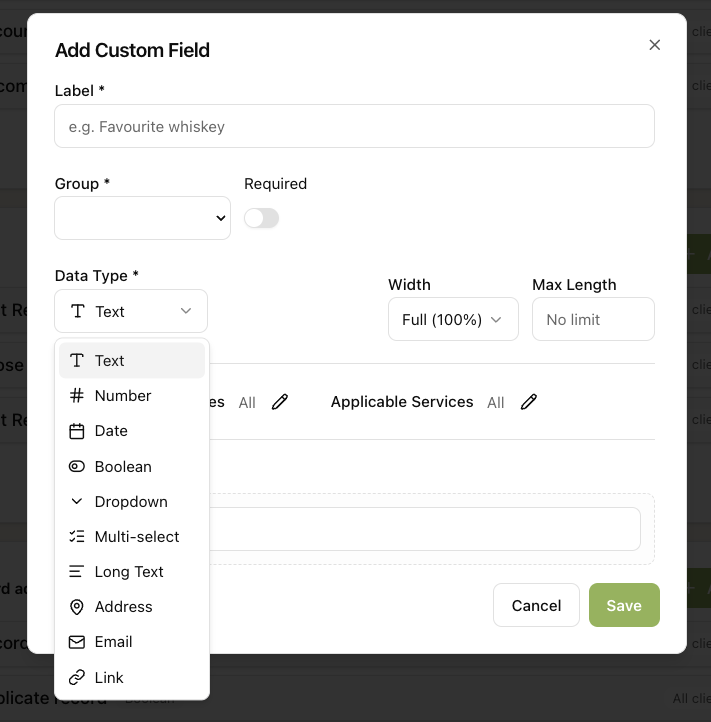The Add Custom Field box with the Data Type list open, showing the ten field types
