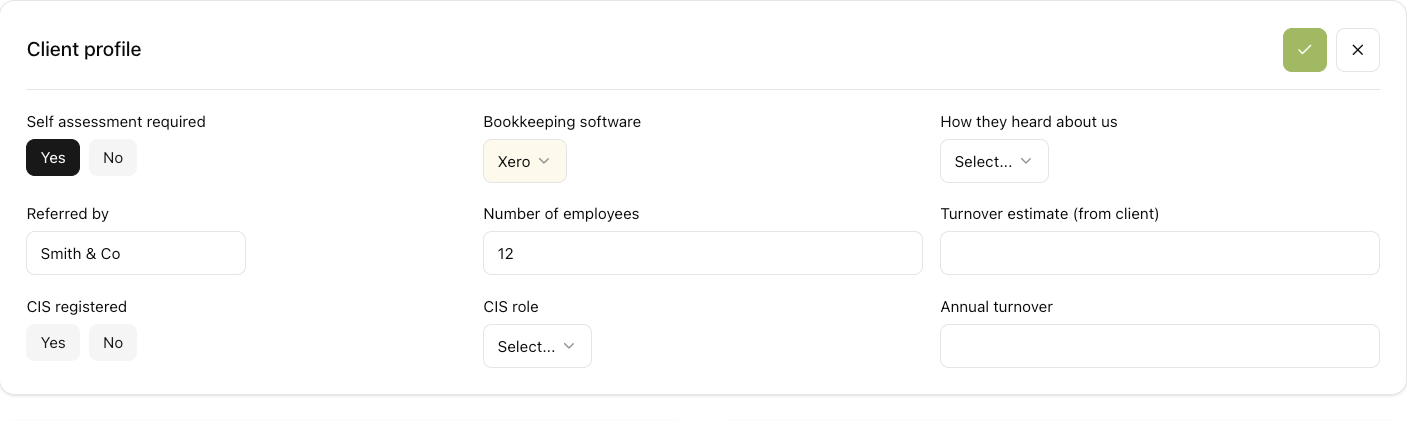 The Client profile card in edit mode on a client's Overview tab