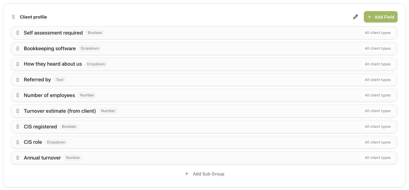 The Client profile group in Custom Fields settings, listing its fields and their types