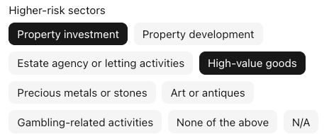 Higher-risk sectors with Property investment and High-value goods selected