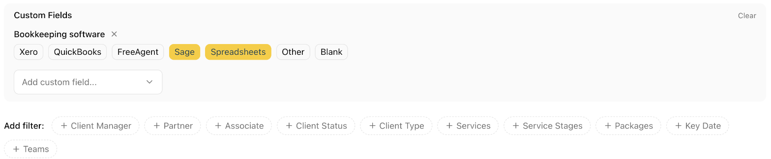 Create Saved View with a Bookkeeping software filter, Sage and Spreadsheets selected