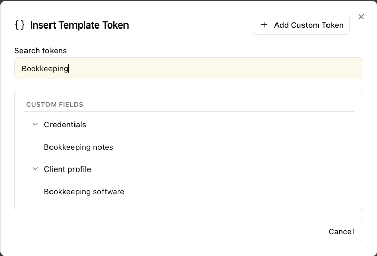 Insert Template Token searched for Bookkeeping, showing custom fields grouped by Credentials and Client profile