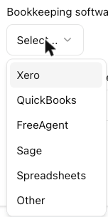 Bookkeeping software dropdown open, listing Xero, QuickBooks, FreeAgent, Sage, Spreadsheets and Other