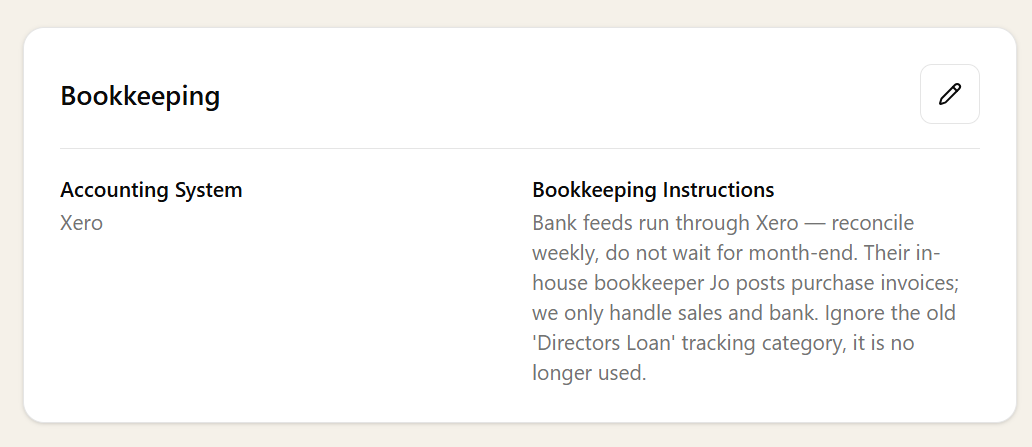 A client's Bookkeeping card showing Accounting System set to Xero and per-client Bookkeeping Instructions