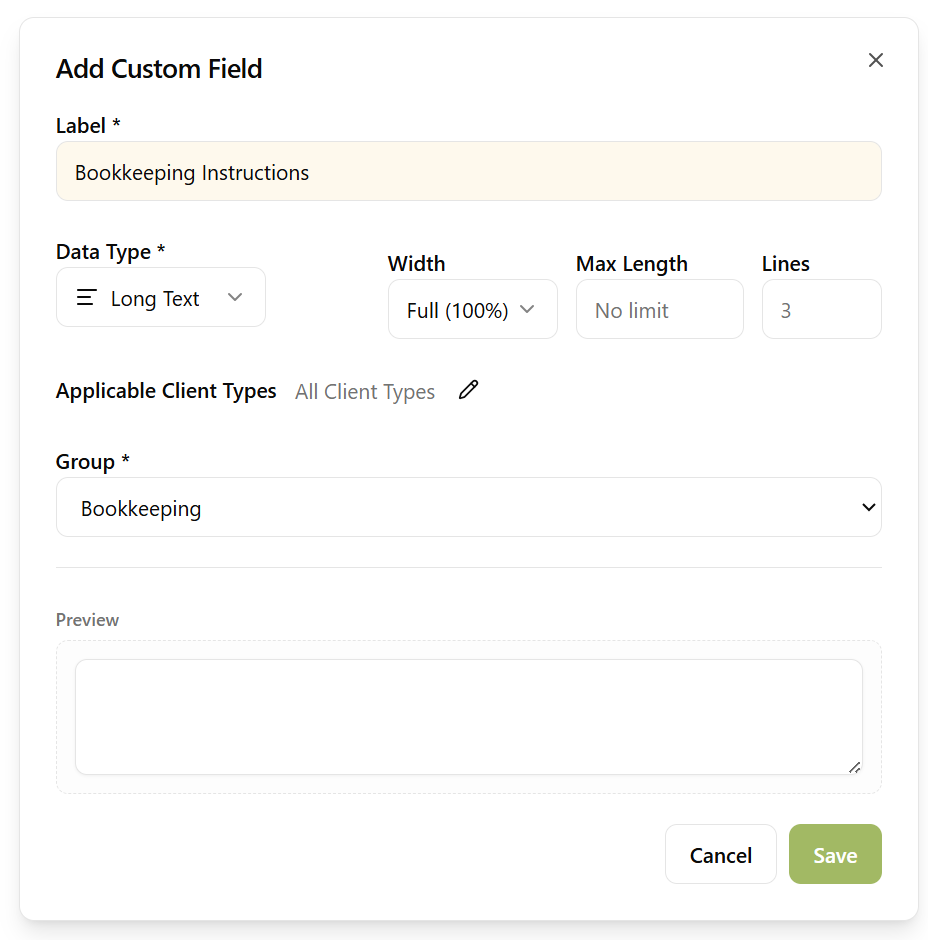 An Accounting System dropdown and a Bookkeeping Instructions long-text custom field defined for clients
