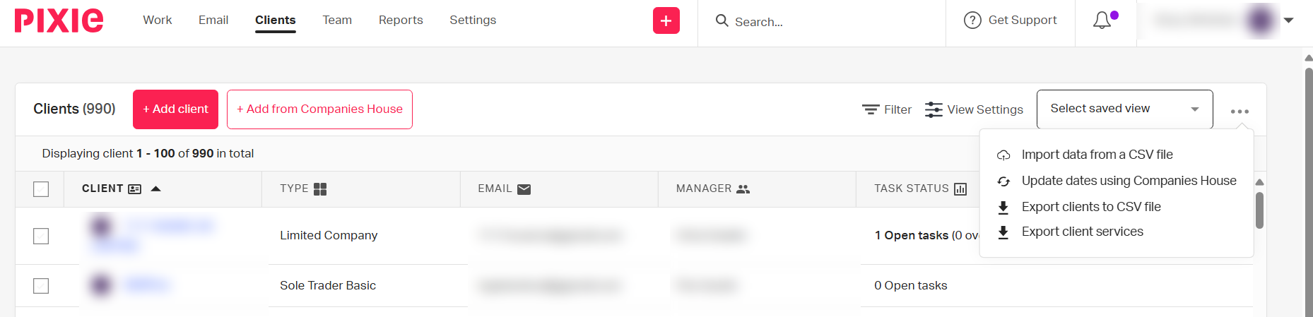 The Pixie client list with the three dots menu open, showing the Export clients to CSV file option