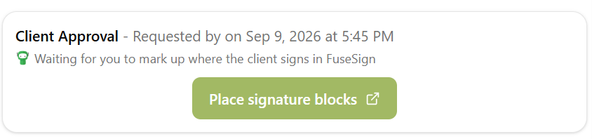 The status line on a document with a place-fields request: Waiting for you to mark up where the client signs in FuseSign, with a Place signature blocks button