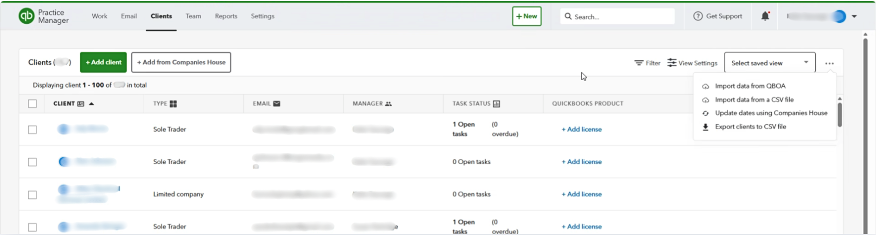 The QuickBooks Practice Manager client list with the three dots menu open, showing the Export clients to CSV file option
