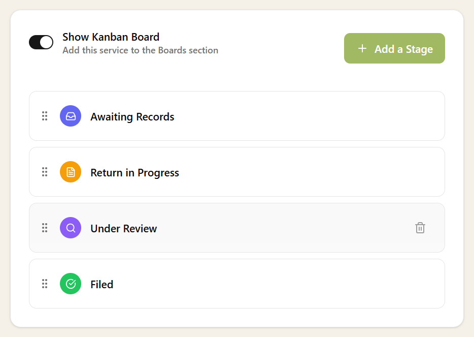The Stages tab on a service showing a list of stages with names, colours, and icons