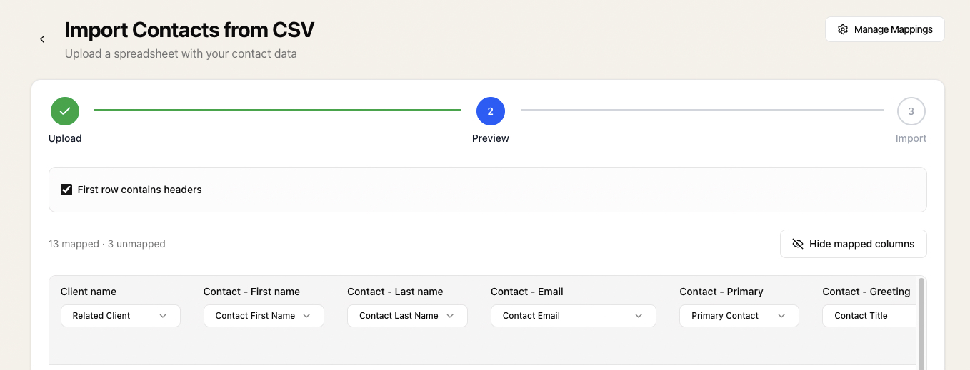 Sodium's Import Contacts from CSV preview step, with Pixie's Client name and Contact columns already mapped to Related Client, Contact First Name, Contact Last Name, Contact Email and Primary Contact