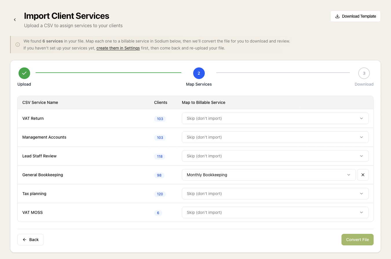 Sodium's Map Services step, matching each Bright Manager service to a billable service in Sodium