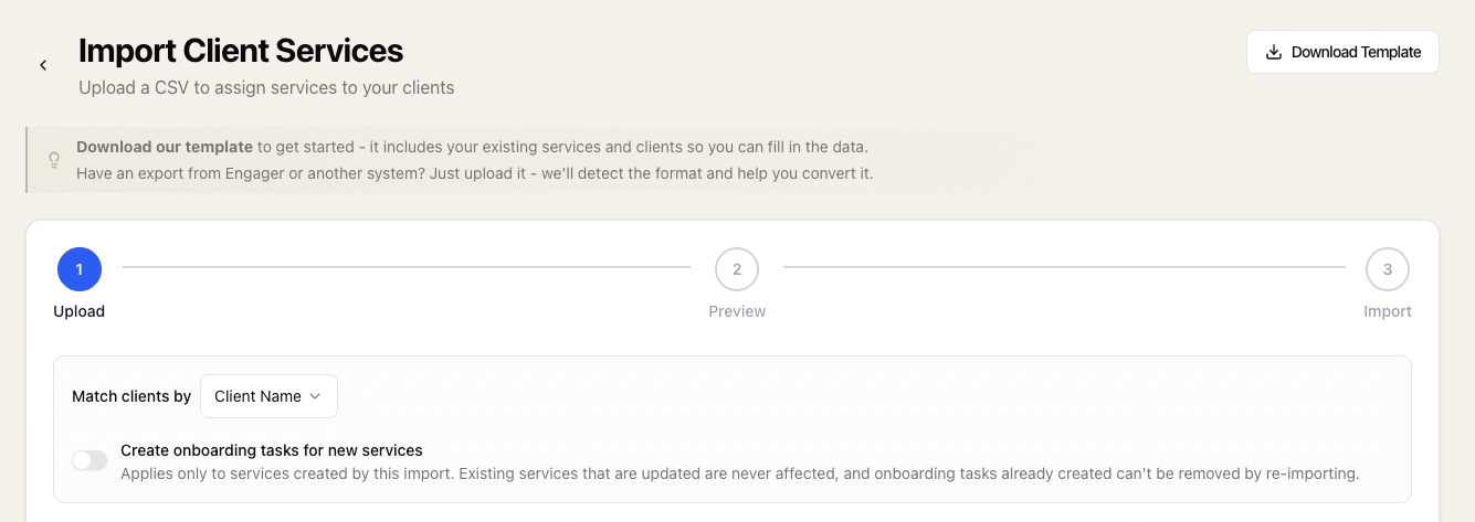 The Create onboarding tasks for new services toggle switched off on the Sodium service import screen