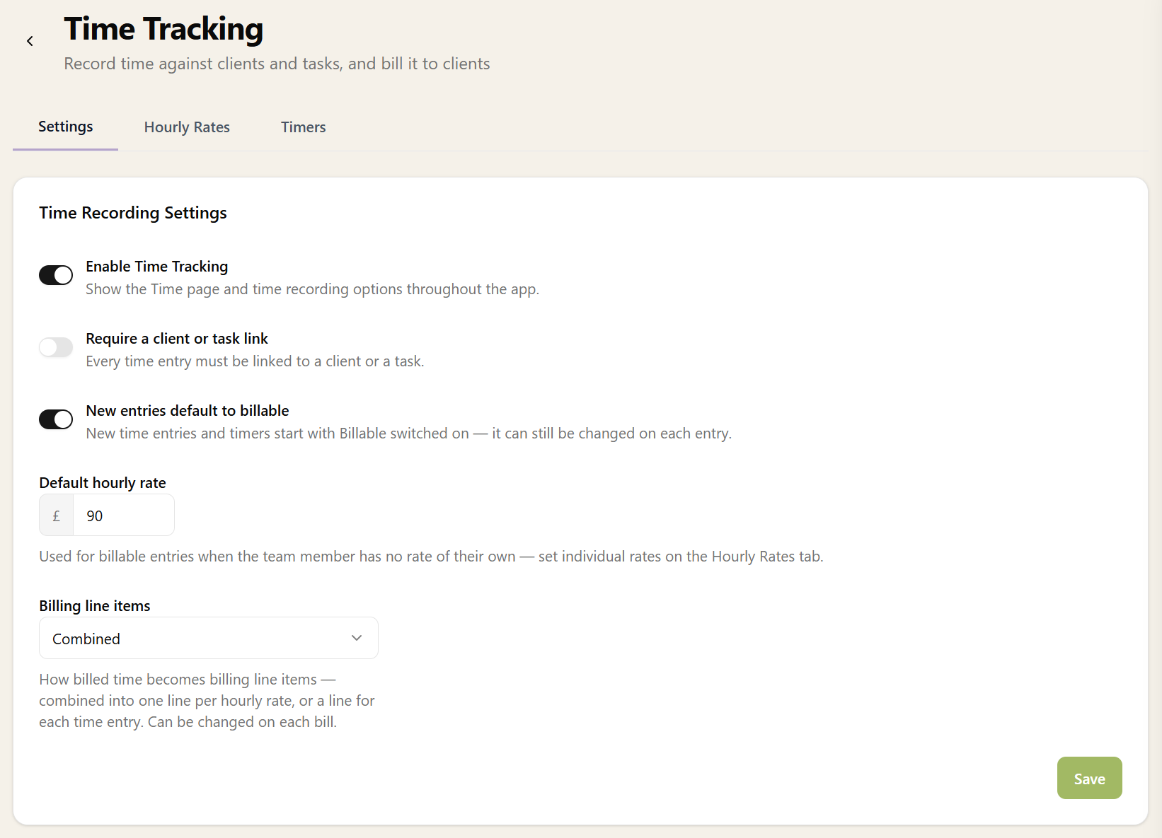 The Time Tracking settings page showing the enable toggle, billable default, default hourly rate, and billing line items options